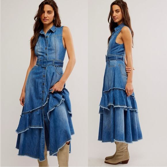 Free People Western Bohemian Ruffle Denim Midi Maxi Dress Large Belted Cowgirl - Picture 1 of 15
